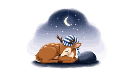Cute sleeping deer with nightcap under starry night, dreamy animal illustration ideal for children's decor and bedtime stories