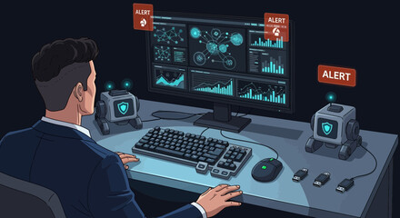 Cybersecurity analyst working with advanced monitoring system and alert bots on a computer