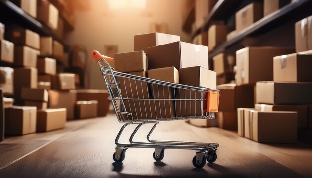 an overflowing shopping cart filled with numerous cardboard boxes suggesting online shopping or bulk purchases