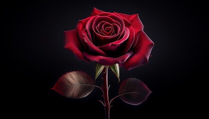 a single deep red rose with a long stem and two leaves isolated on a black background