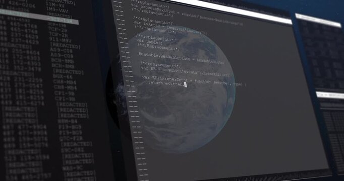 Camera pulling back, 3D globe rotating, editor sliding and JS code scrolling for module setup
