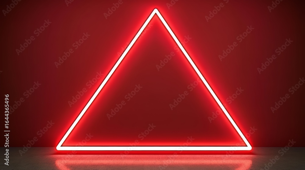 Poster red triangle is lit up in a red background. the triangle is lit up with neon lights, giving it a bri