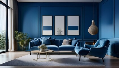 a modern living room bathed in blue tones showcasing minimalist furnishings and decor the spacious design includes plenty of copy space for customization new image
