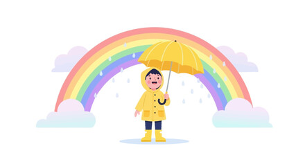 Cute Cartoon Child in Yellow Raincoat with Umbrella Under Rainbow and Clouds illustration
