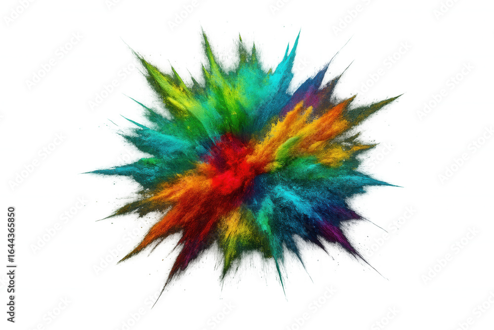 Poster colorful powder bursting dynamically, creating radiant star-shaped pattern with translucent backdrop