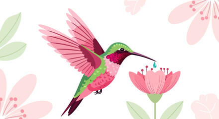 Obraz premium Delicate Hummingbird Sipping Nectar from a Pink Flower, Surrounded by Floral Elements in a Gentle Design