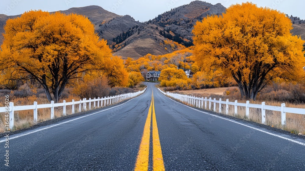 Poster road with a yellow line down the middle and a house on the side. the road is empty and the trees are