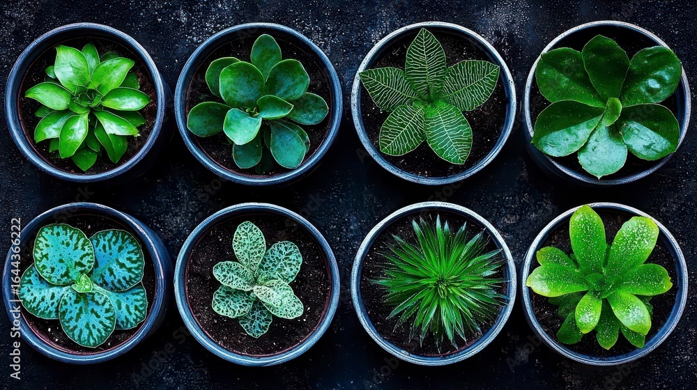 Poster a vibrant array of ornamental houseplants arranged neatly in round pots showcasing variations in fol