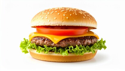Delicious classic cheeseburger with beef patty, melted cheese, fresh tomato, and lettuce on a sesame seed bun, isolated on a white background.