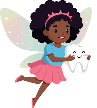 Flying fairy girl holding smiling tooth cartoon character in colorful outfit vector illustration 
