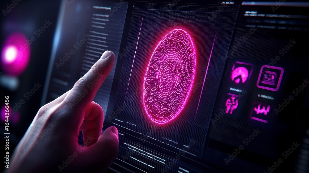 Poster futuristic digital interface showcasing a glowing biometric fingerprint scan with vibrant pink hues 