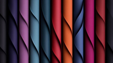 Obraz premium Row of colorful fabric rolls, each with a different color. The rolls are arranged in a line, with the first one being purple and the last one being red. The rolls are of varying sizes