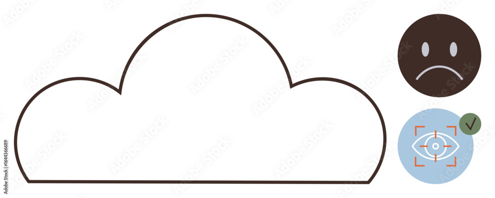 Poster cloud shape alongside a sad face and focus indicator in minimal style. ideal for technology, cloud s