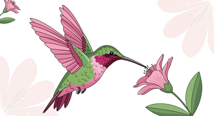 Elegant Hummingbird with Pink Accents Sipping Nectar from a Flower Illustration