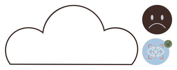 Cloud shape alongside a sad face and focus indicator in minimal style. Ideal for technology, cloud storage, data privacy, mental health, cyber safety, surveillance, emotional connection, simple flat