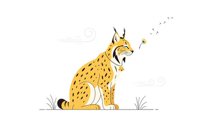 Fototapeta premium Cute lynx with a dandelion in a minimalist style vector illustration design