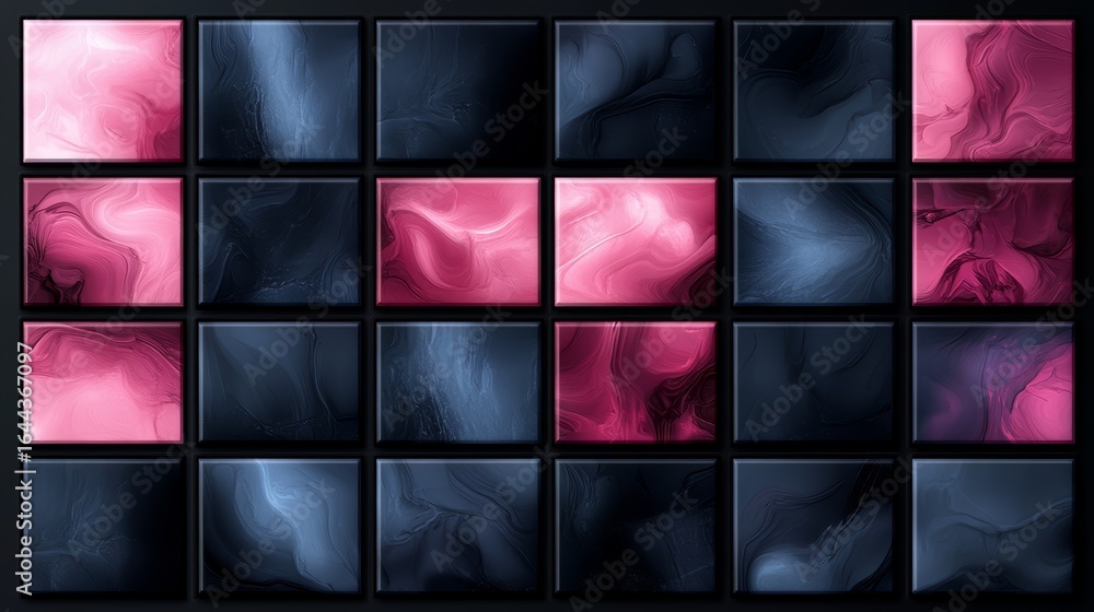 Poster series of black and pink squares arranged in a grid. the squares are of different sizes and are arra