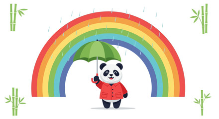 Naklejka premium Cute panda with umbrella under rainbow in the rain colorful cartoon illustration