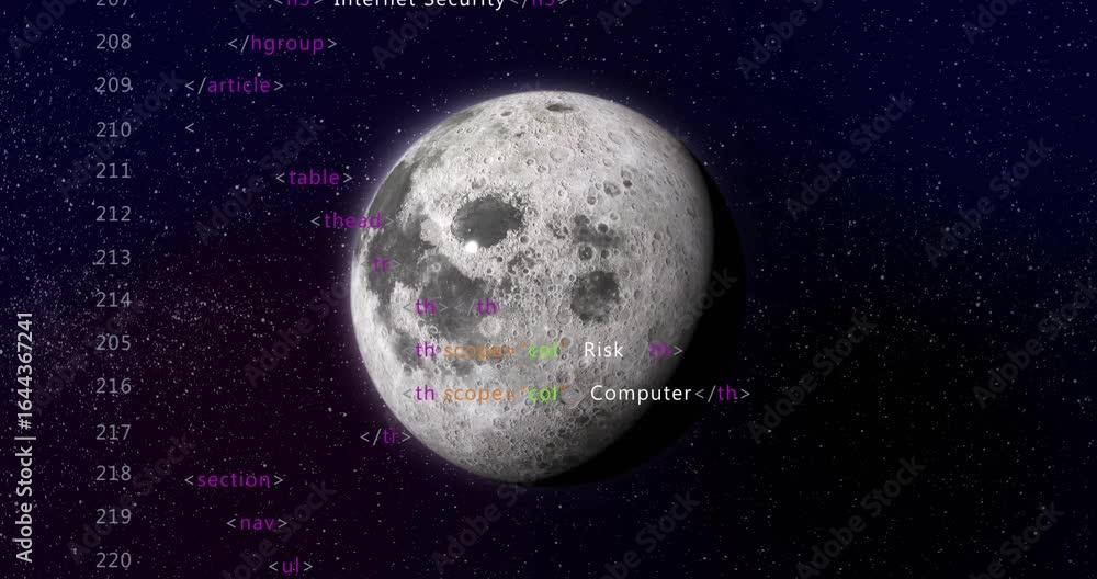 Poster on start html code fragments scrolling upward while moon rotating, showing cybersecurity concept