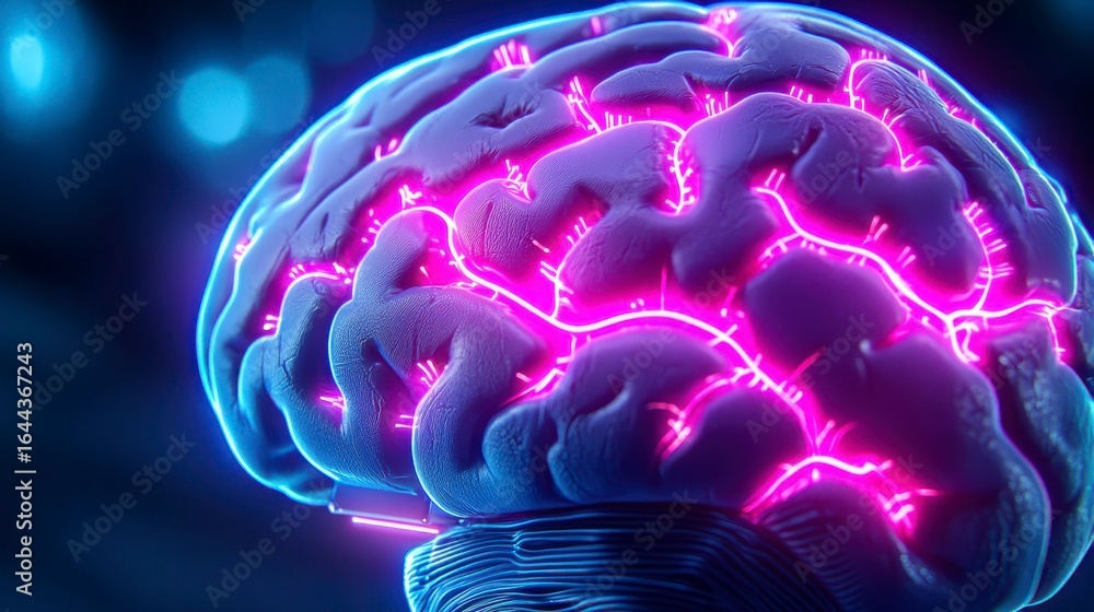 Poster intricate close-up of a glowing human brain with bright neural connections illustrating advanced cog
