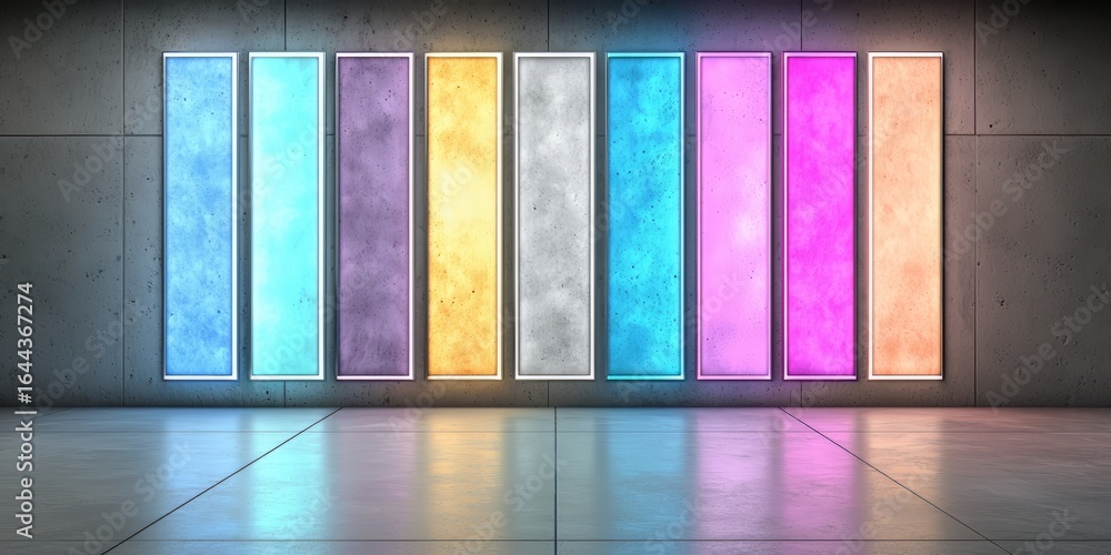 Aufkleber series of colorful panels are displayed on a wall. the panels are arranged in a row, with each one h