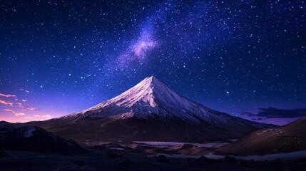 Majestic snow-capped mountain under a starry night sky, showcasing the beauty of nature and tranquility
