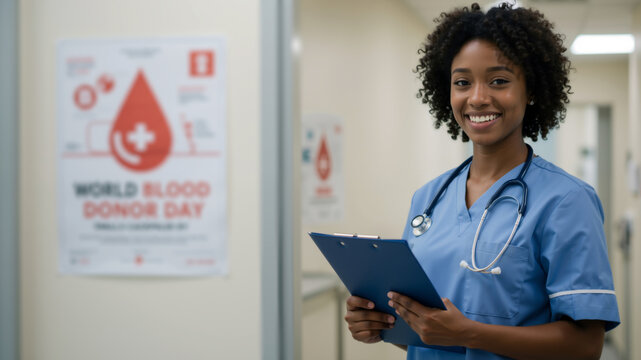 Smiling African American female nurse in scrubs with stethoscope holding a clipboard. Young black doctor in blue scrubs smiling in clinic hall. World Blood Donor Day.