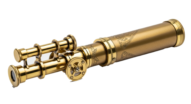 A detailed view of a vintage brass telescope with intricate designs on a black background studio shot