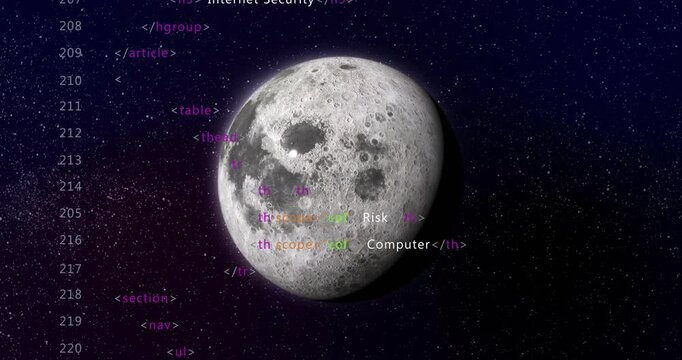 On start HTML code fragments scrolling upward while Moon rotating, showing cybersecurity concept