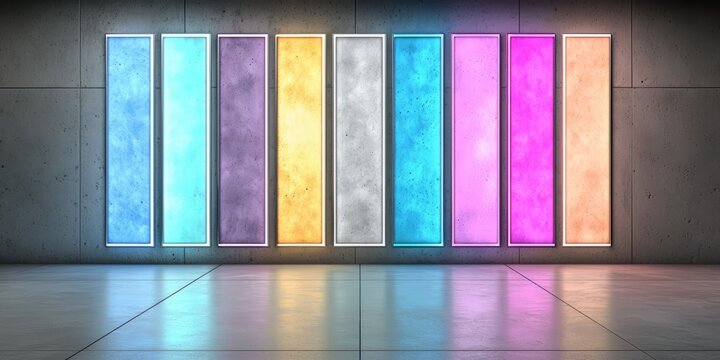 Series of colorful panels are displayed on a wall. The panels are arranged in a row, with each one having a different color. Scene is vibrant and lively