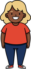 Fototapeta premium Happy smiling girl with blonde hair wearing red shirt and blue pants vector illustration 