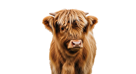Close up of a highland cow with long shaggy hair and small horns against a black background space for text