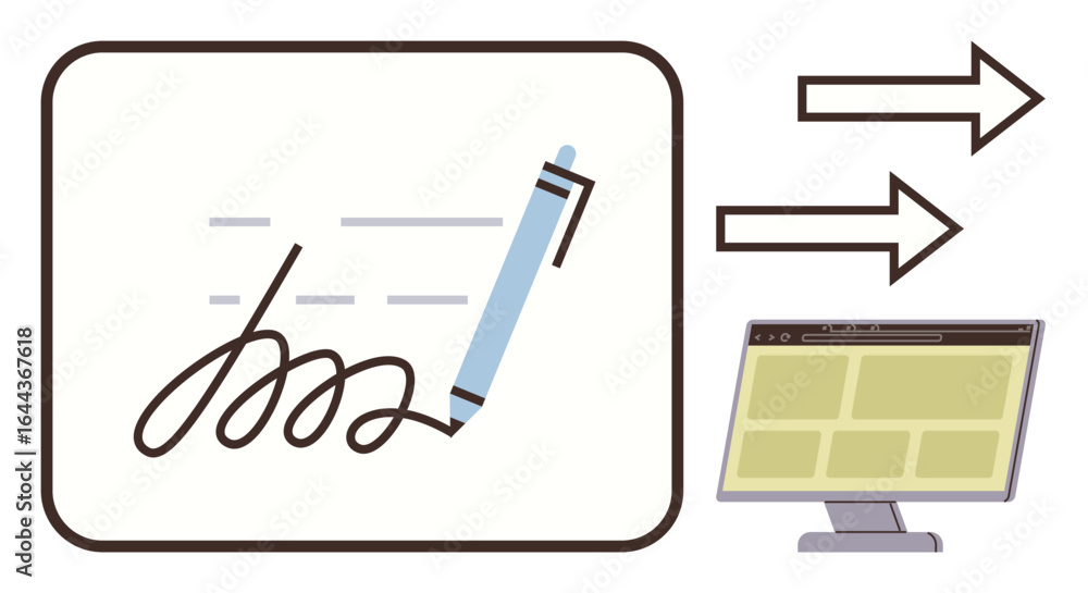 Poster pen completing signature on a document, arrows indicating data transfer, computer screen receiving i