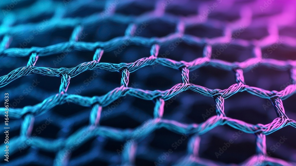 Poster close-up view of a hexagonal mesh grid structure with vibrant blue and purple hues, showcasing intri