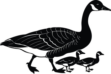 Silhouette of a canada goose with two goslings walking