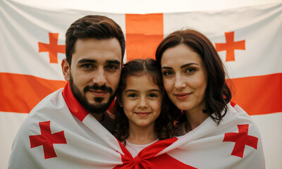 Happy Georgian family wrapped in national flag. Close up of Mother, father, and daughter smiling together in front of Georgian flag.