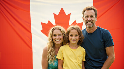 Happy Canadian family smiling in front of national flag. Mother, father, and child celebrating Canada Day with patriotic pride against Canada flag background.