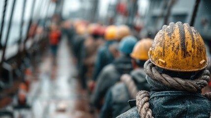 Obraz premium Construction workers wearing safety helmets on a rainy day working outdoors