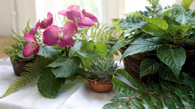 Close-up of indoor potted flowers and green plants Indoor potted plant assemblage