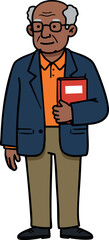 Fototapeta premium Elderly man holding red book wearing navy blazer and orange shirt vector illustration 