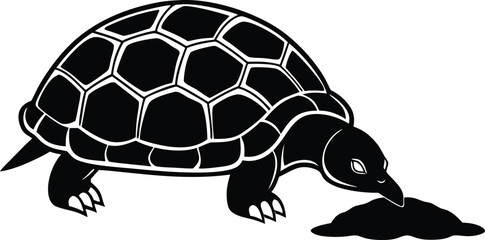 Black and white illustration of a turtle eating from a pile of dirt