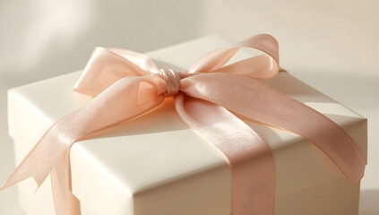 A close-up shot of a white gift box tied with a delicate pink ribbon bow.