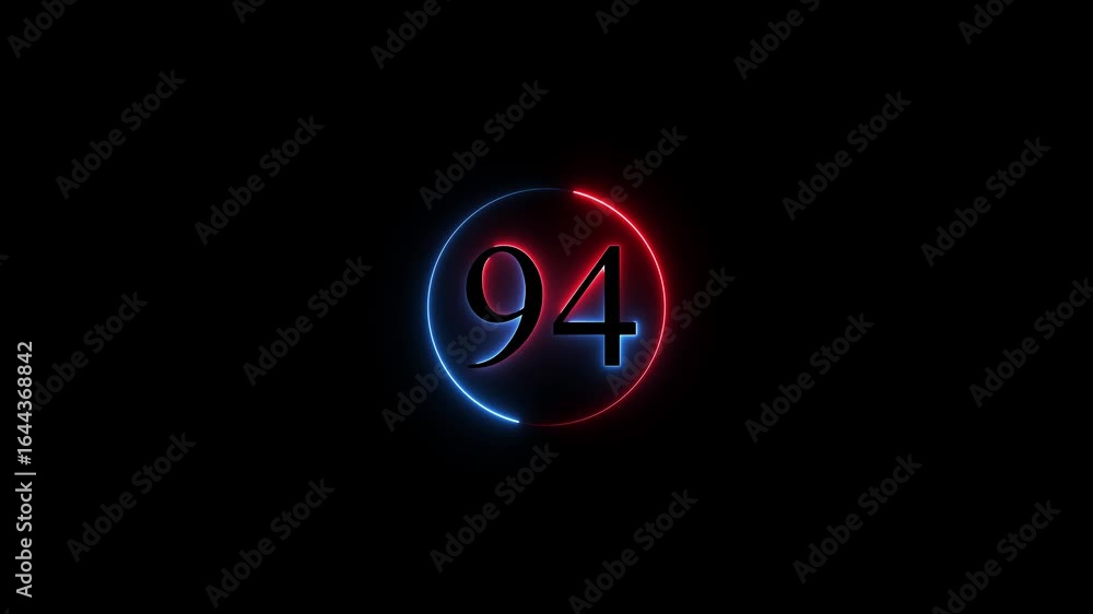 Poster number 94 neon sign style flashing. abstract glowing neon text 94 number countdown icon animation on
