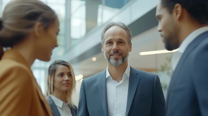 A group of professionals engaged in a business meeting. They are dressed formally and are smiling, suggesting a positive and collaborative atmosphere.