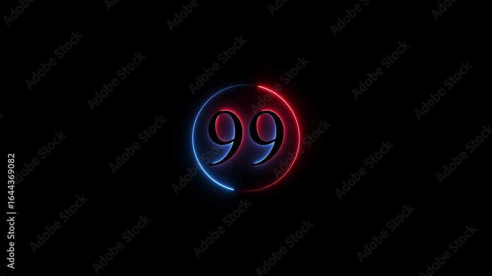 Poster number 99 neon sign style flashing. abstract glowing neon text 99 number countdown icon animation on