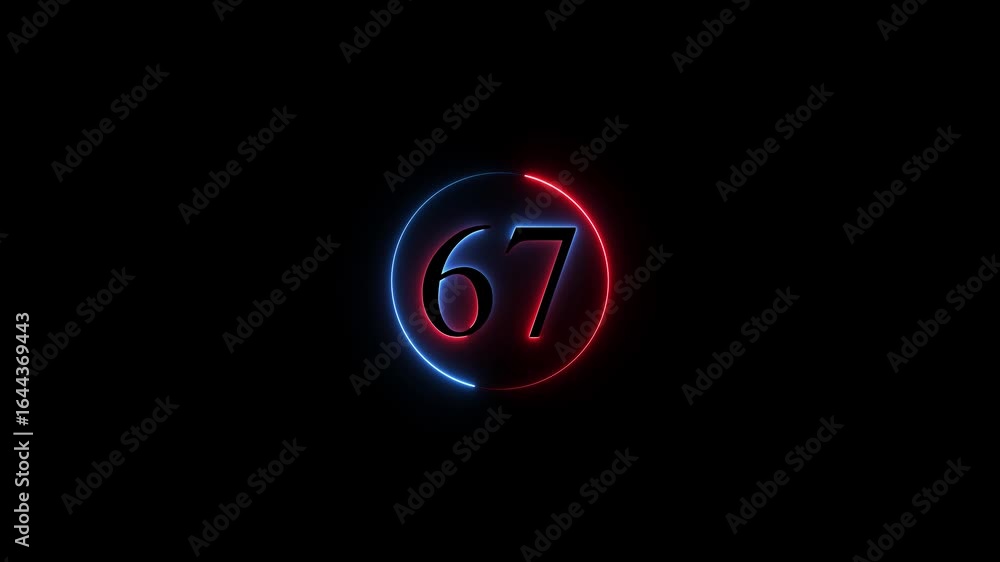 Poster number 67 neon sign style flashing. abstract glowing neon text 67 number countdown icon animation on
