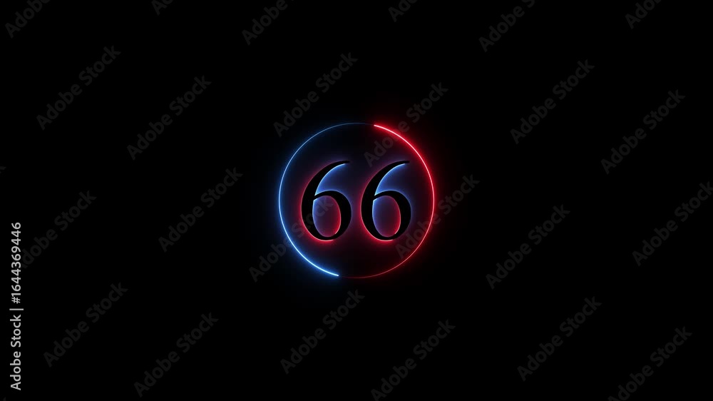 Poster number 66 neon sign style flashing. abstract glowing neon text 66 number countdown icon animation on