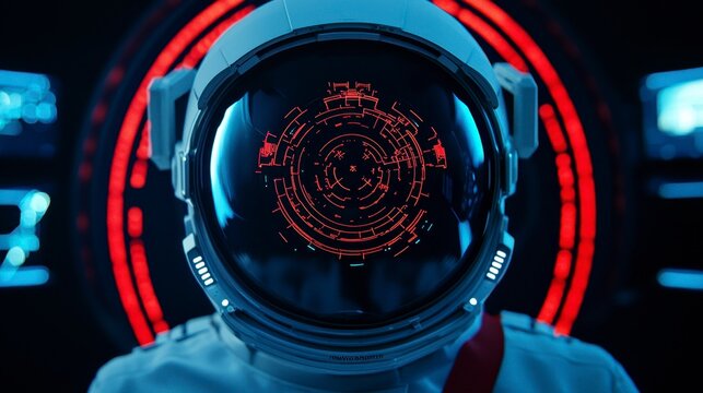 Futuristic astronaut head close-up featuring a sleek helmet illuminated with intricate digital displays and vibrant red graphics