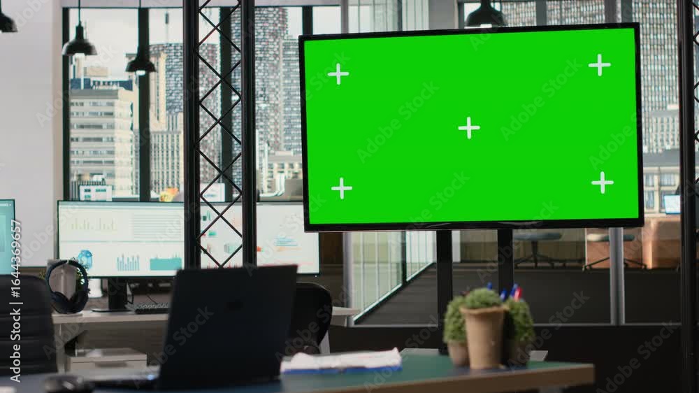 Poster clean professional office workstation with copy space mockup tv screen, space prepared with reports 