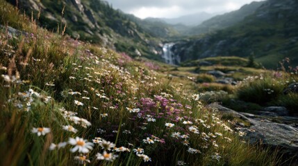 Scenic View of Daisies, Wildflowers, and a Waterfall in the Mountains